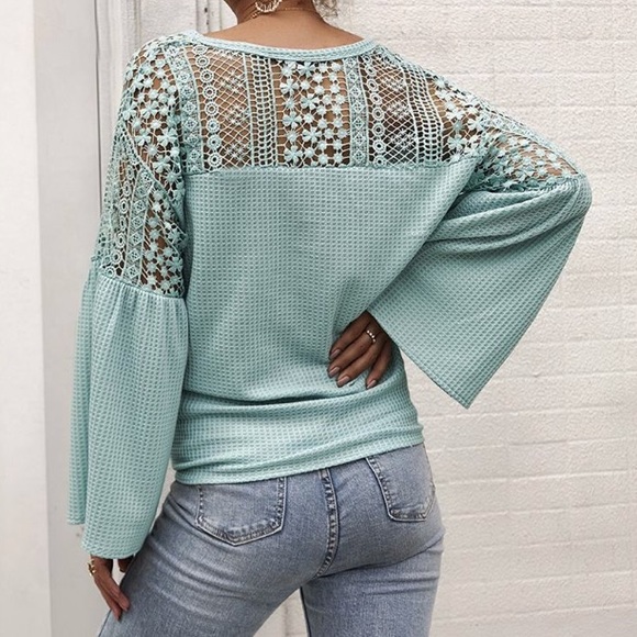 Lace Crochet Waffle Knit Button Long Sleeve Top - Picture 4 of 4